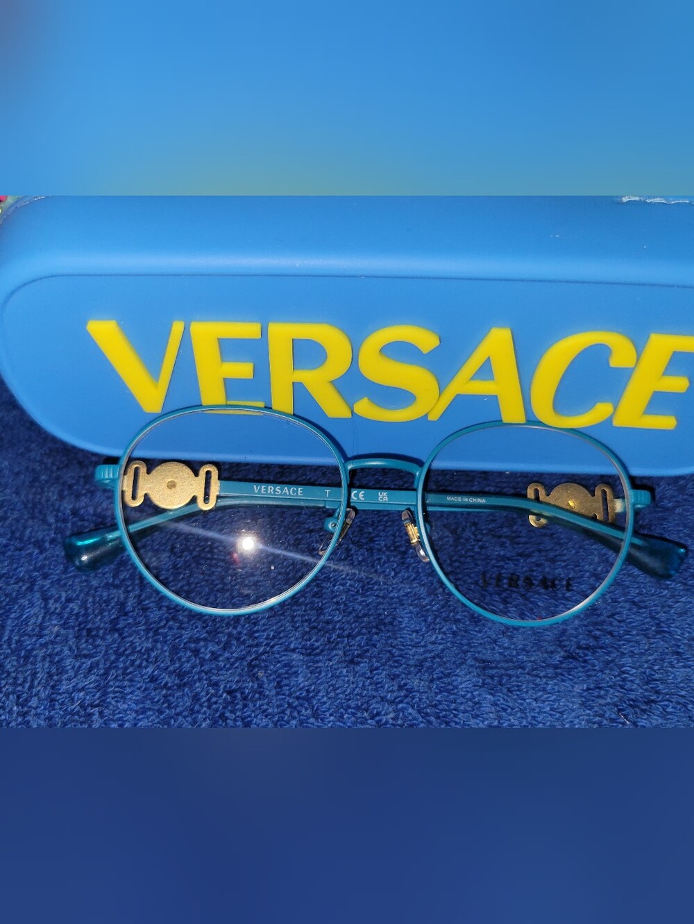 Versace Kids Teal Round Metal Glasses with Gold Detail